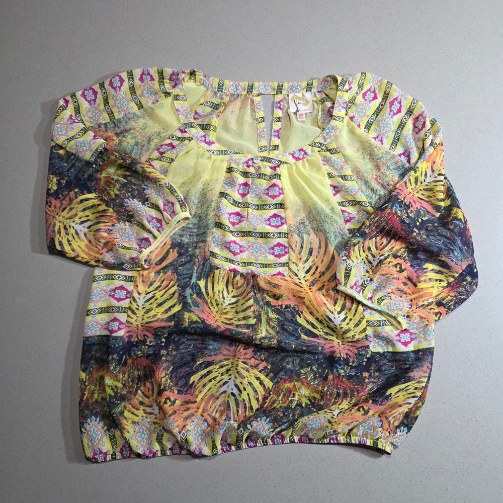 Fig and Flower Tropical Monstera Geometric Print Blouse Yellow Petite Large PL